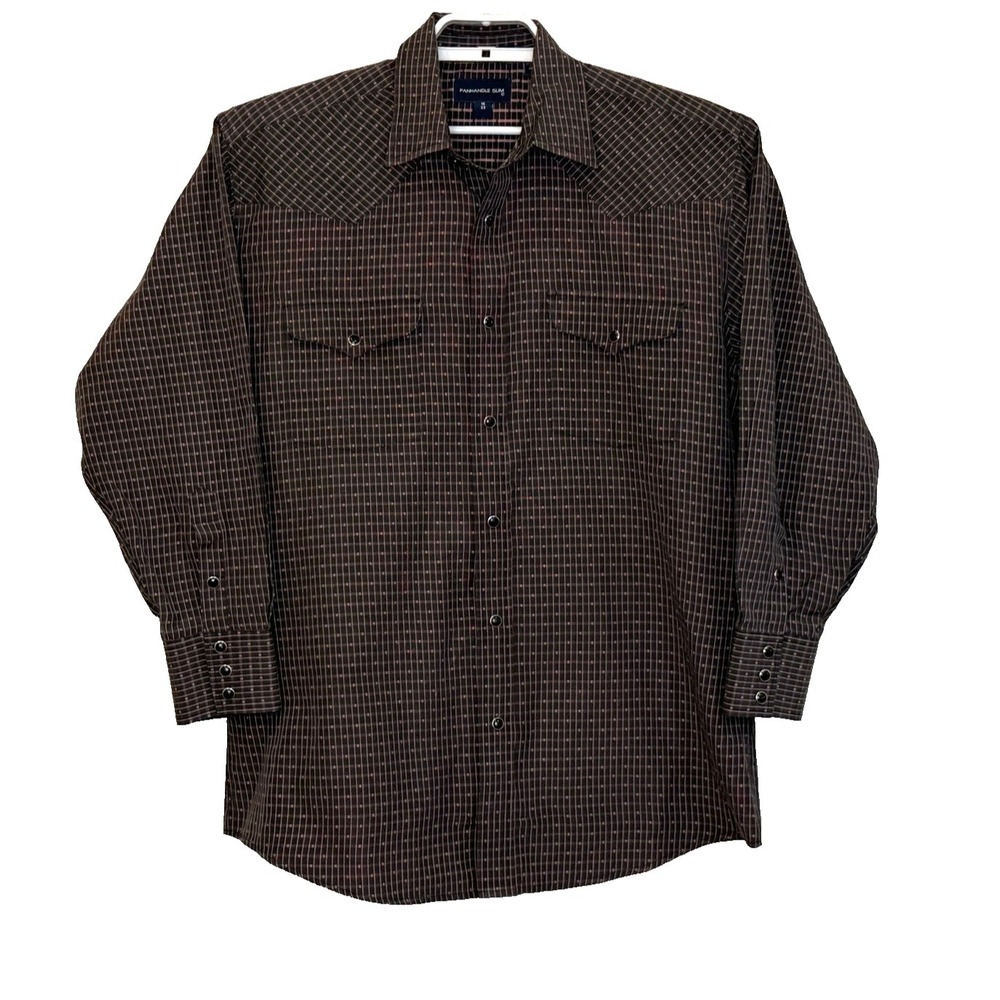Panhandle Slim Pearl‎ Snap Western Shirt Mens 16 33 Brown Pink Print Long Sleeve